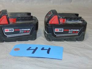 lot 44 image: 2 Pack Milwaukee M18 RED LITHIUM XC 5.0 Battery 18V 5.0Ah Fully Charged