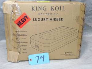 lot 74 image: KING KOIL Luxury Airbed TWIN Inflatable Mattress w Built-In Pillow