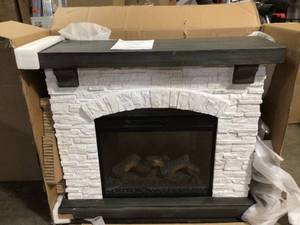 StyleWell  Pembroke 50 in. W Freestanding Faux Stone Infrared Wall Mantel Electric Fireplace in White, Customer return, Review all pictures