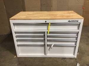 Husky  46 in. W x 24.5 in. D Standard Duty 9-Drawer Mobile Workbench Cabinet with Solid Wood Top in Gloss Black, Customer return, review all pictures