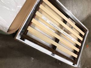 lot 18 image: Zinus Bobbie Brown Queen Wood Platform Bed Frame, Open Box, review all pictures