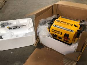 lot 25 image: DEWALT  15 Amp Corded 13 in. Heavy-Duty 2-Speed Thickness Planer with (3) Knives, In Feed Table and Out Feed Table, Open box, review all pictures