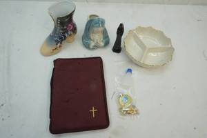 Lenox bowl, virgin Mary flower pot, religious items, porcelain shoe and bible