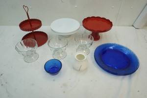 cake stand, two tier stands and blue glass plates
