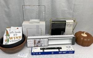 Lot of Various Home Goods, Floating Shelves, TV Mount, Serving Bowls and More