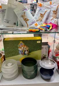 Lot of Cat Supplies, Scratching Box, Food, Water Dishes, Filters and More