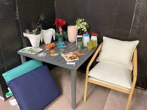 Patio Set up Table, Chair, Cushions, Lots of Pitchers, Lanterns, Flags and More