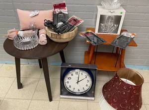 Lot of Home Decor, End Tables, Wall Clock, Glassware and More