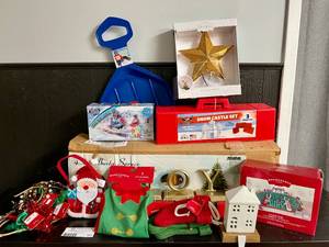 Lot of Various Winter Fun Outdoor Toys and Christmas Decor