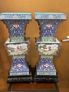 lot 28 image: Pair of Large Antique (believed to be) Chinese Qing Enameled Vases 22  Inches Tall