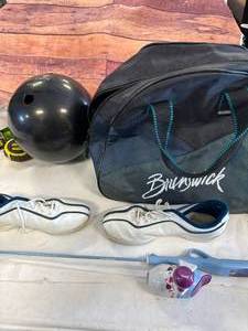 lot 41 image: 12 Pound Bowling Ball, Bag, Nike Shoes (wm sz 6) Fishing Rod