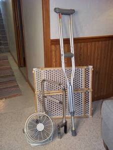 lot 9 image: Fan, gate, crutches and grab bar...