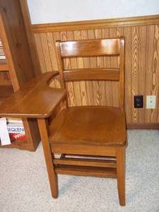 lot 34 image: School DeskSolid wood chair with writing arm...