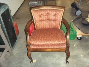 lot 213 image: Vintage Wood and Upholstered Barrel-Back Armchair