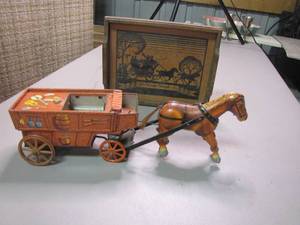 lot 240 image: Antique Under Weigh Tin Toy of an Early 1900s Horse and buggy.