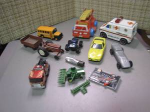 lot 271 image: Vintage Buddy L 1980 School Bus Metal And Plastic Toy  John Deer Combine  VINTAGE 80S INTENSIVE AMBULANCE EMERGENCY CHEVY VAN MG TOYS TAIWAN  Antique Metal International Harvester Tractor Toy with Wagon  More