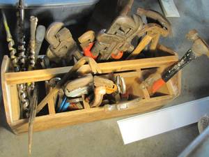 lot 277 image: Wooden Tool Box Filled with hammers, Wrenches, drill bits and more
