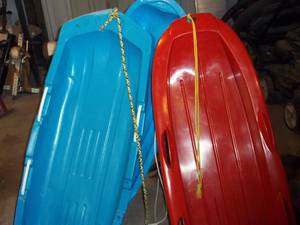 lot 293 image: (3) plastic downhill snow Toboggan style sleds