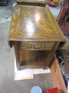 lot 372 image: Drop leaf side-end table with storage drawer and display area