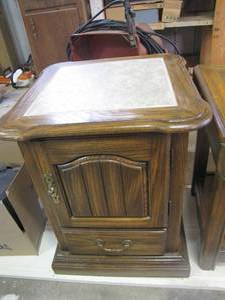 lot 373 image: Side-end table with storage drawer and more storage behind cupboard style door