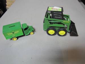 lot 416 image: John Deere die cast skid loader and John Deere die cast delivery truck bank