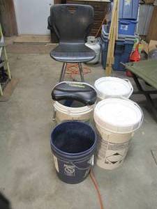 lot 423 image: Single Bar Stool and some 5-gallon buckets. While theyre empty, these pails are not only stackable, but they make excellent storage containers. One of the buckets has a partial seat so it can be used as a chair.