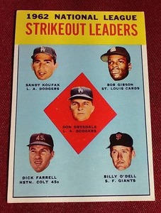 lot 24 image: 1963 Topps Strikeout Leaders Card - Koufax, Gibson & Drysdale