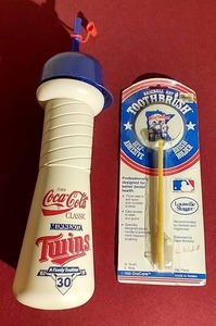 lot 47 image: (2) Vintage Twins Items - Water Bottle & Sealed Toothbrush