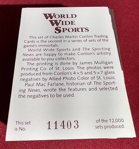lot 65 image: 1987 World Wide Sports Conlon Collection Baseball Card Set