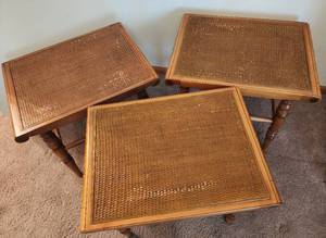 lot 42 image: Trio of Mid-Century-Hitchcock Style Occasional Tables with Wicker Surfaces