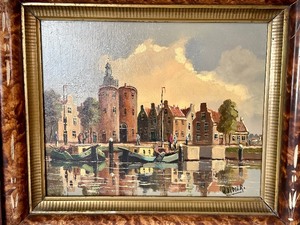 lot 94 image: Vintage Oil on Board Dutch Canal Scene Painting by Lester William Didier