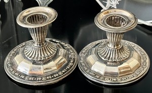 lot 108A image: Pair of Weighted Sterling Candle Holders and Vintage Dishes with Silver Overlay