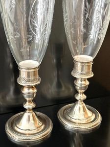 lot 109A image: Pair of Sterling Candle Holders with Etched Glass Shades