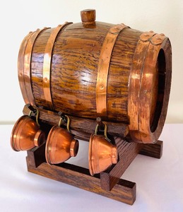 lot 261 image: Vintage Meilleur Ouvrier de France Wooden Barrel Copper Cup Cocktail Set