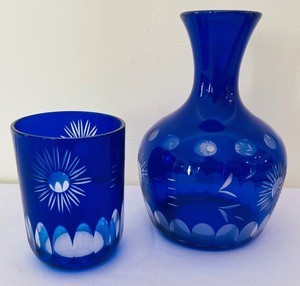 lot 271 image: Vintage Cobalt Blue Bedside Carafe and Tumbler  Tumble Up