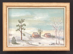 lot 329 image: Vintage Original Oil on Board Framed Painting by M. Duma Accompanied by a Wooden Shelf