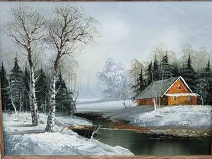 lot 305 image: Framed Scenic Winter Oil Painting by R. Stephen