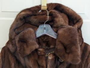 lot 319 image: Vintage Marshall Fields Hooded Fur Coat