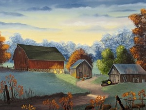 lot 233 image: Framed Scenic Farmhouse Painting