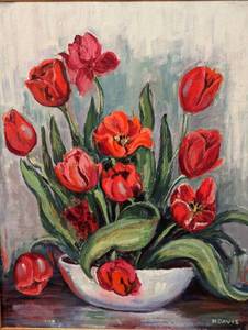 lot 17 image: Vibrant Gold Framed Tulip Oil Painting by M. Davis