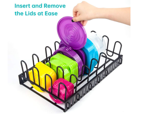 lot 57 image: GeekDigg Expandable Food Container Lid Organizer for Plastic Lids for Cabinet, with 6 Adjustable Dividers, for Pantry Shelves, Cupboards, Cabinets, Drawers