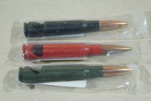 lot 120 image: 3 50 Cal Bullet Bottle Openers -Black, Green, Red