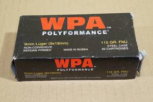 lot 138 image: 50 WPA Polyformance 9mm Luger 115 Gr FMJ Steel Case Ammo
