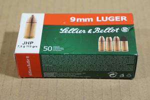 lot 140 image: 50 Sellier & Bellot 9mm Luger 115 Gr JHP Ammo