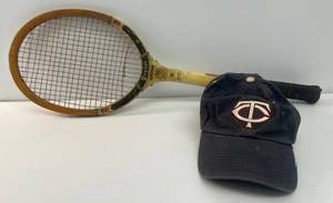 lot 9 image: Vintage Regent Driver Alex Olmedo Tennis Racket And Twins Hat