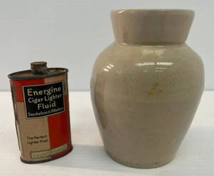 lot 42 image: Antique Weymans Snuff Stoneware & Energine Cigar Lighter Fluid Container