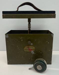 lot 48 image: Antique Metal Queen Brand Revolving Seat And Shell Box (Very Cool ) And ShakespeareAutomatic No. 1821 Fly Reel