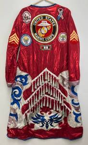 lot 60 image: Native American Jingle Dress With Military Patches Including Military Veteran, Marine Corp And More
