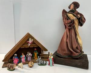 lot 73 image: Group Of Misc. Vintage Christmas Items Including Angel Fabric Statue And Manger Nativity Set