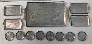 lot 83 image: Vintage Set Of Aluminum Embossed Waterfowl Items Including Serving Trays And Coasters